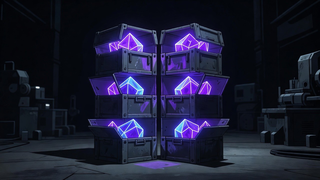 Six glowing crystalline model cores stacked like open crates in a dark warehouse