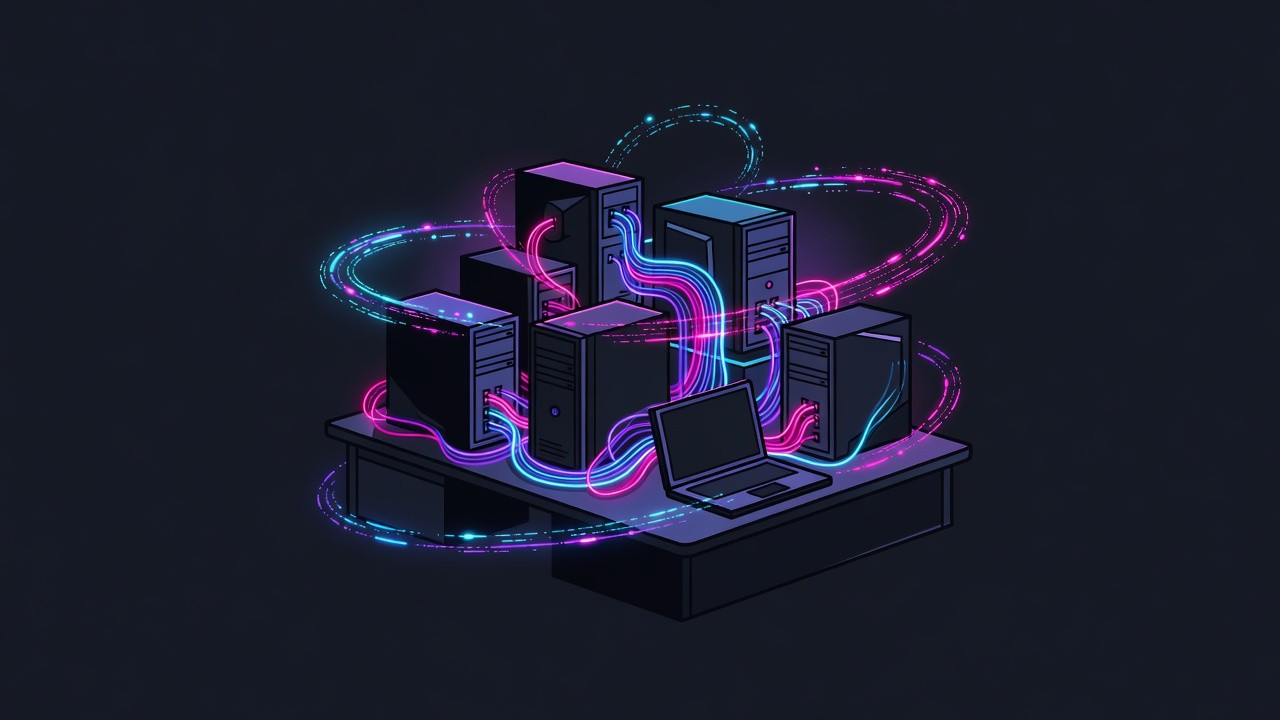 Several computers on a dark desk linked by neon filaments into a home cluster