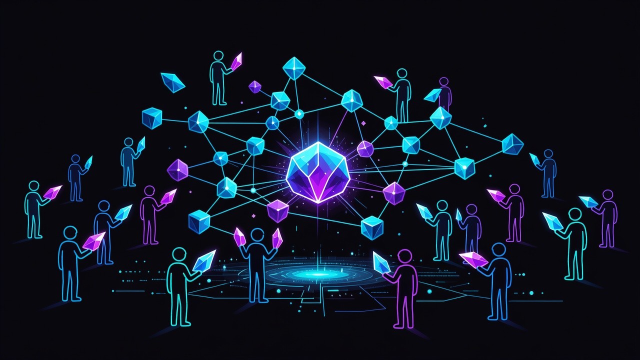 Abstract multi-agent figures assembling a glowing theorem graph