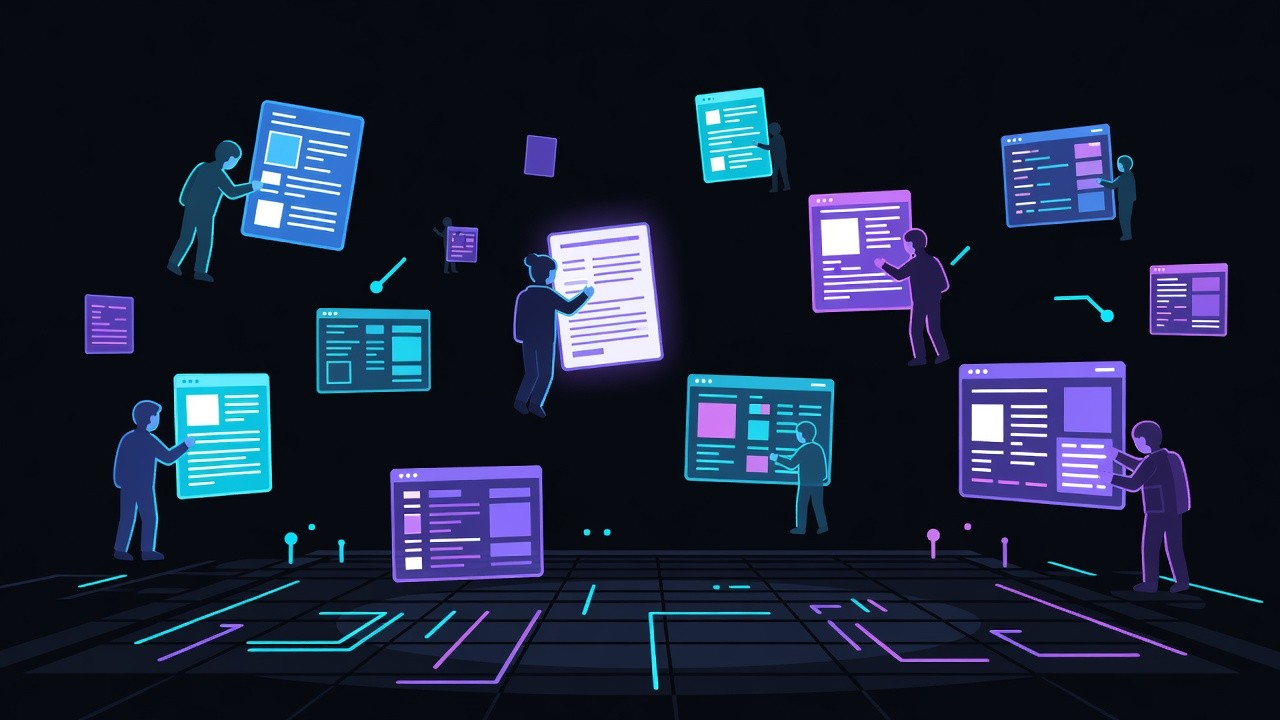 Dark control room of floating holographic wiki pages