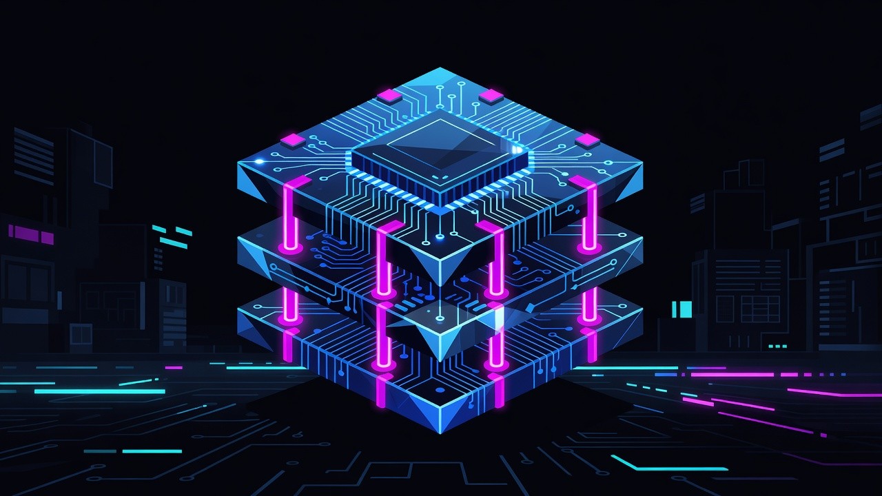 Close-up of a glowing stacked AI accelerator chip die