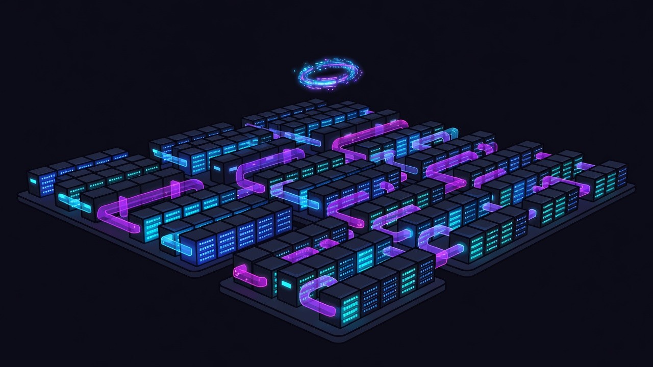 Isometric night-time liquid-cooled AI data center campus