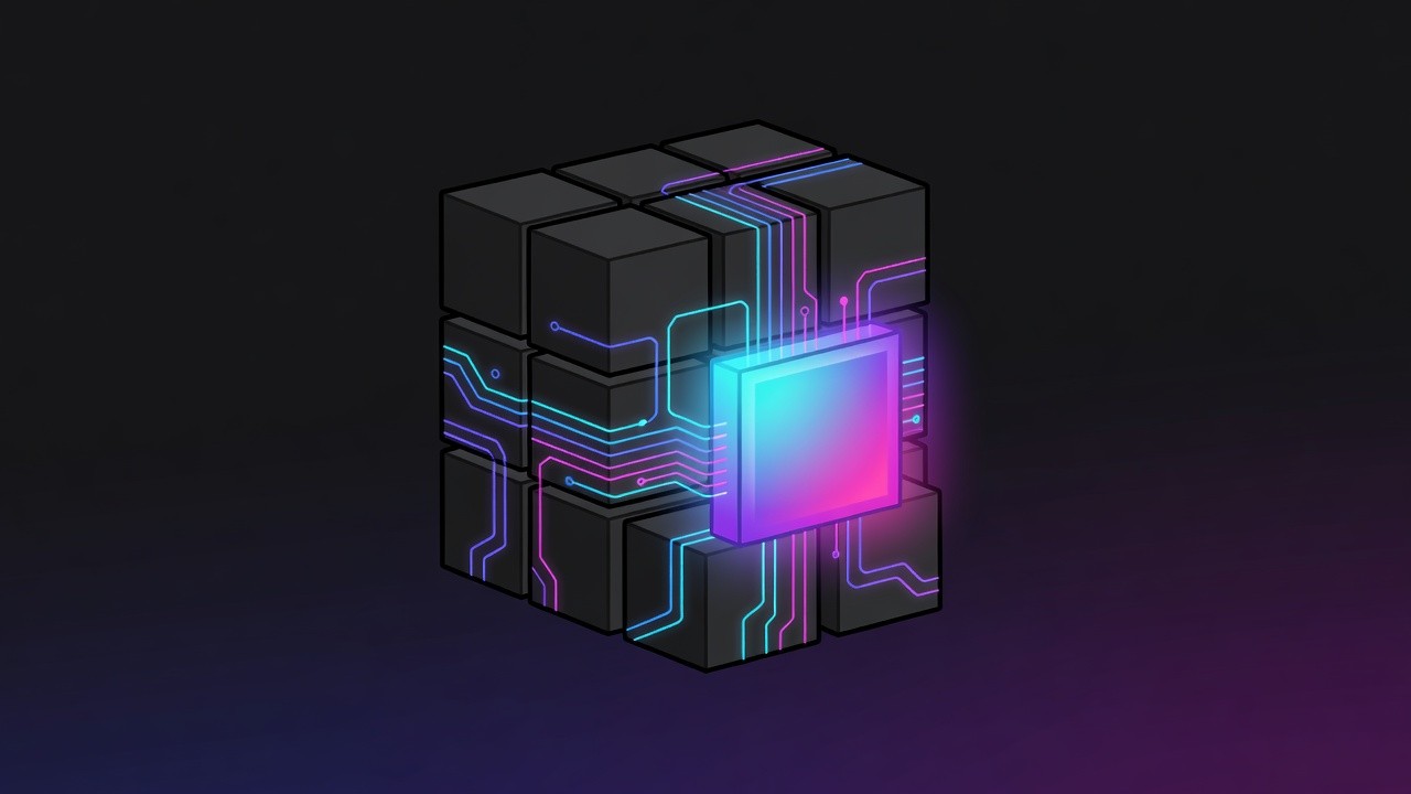 Close-up of stacked HBM memory cubes and a glowing chip die