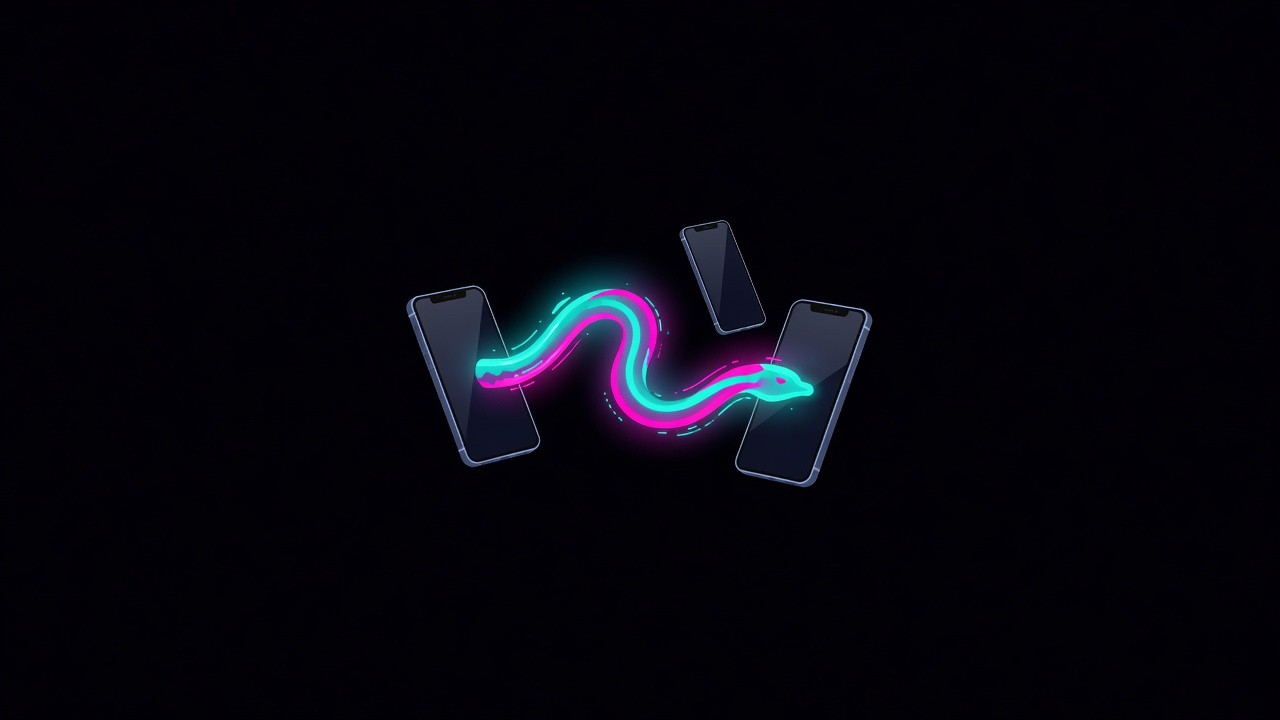 Three phones linked by a neon worm of light