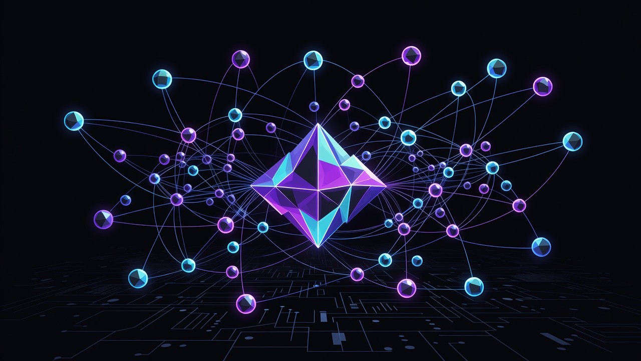 Abstract swarm of glowing agent orbs around a crystalline math structure