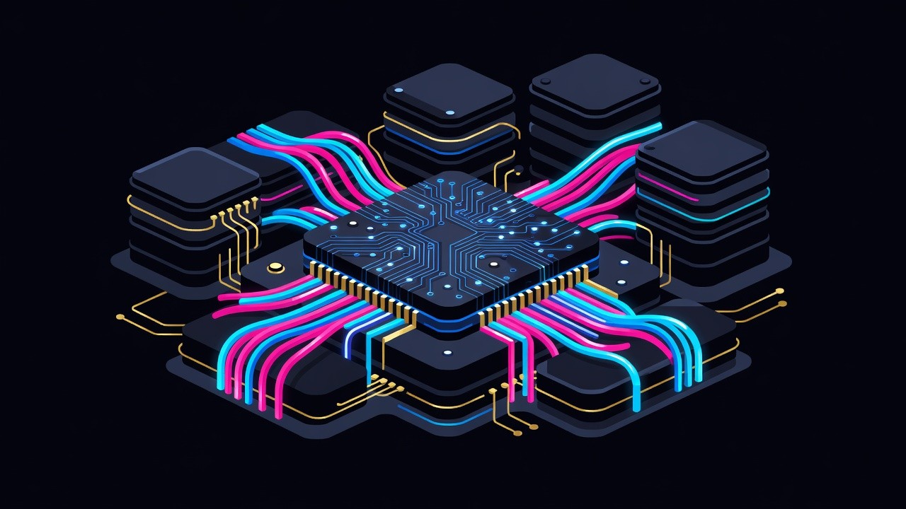 Close-up of a stylized inference chip die with glowing traces and optical fiber