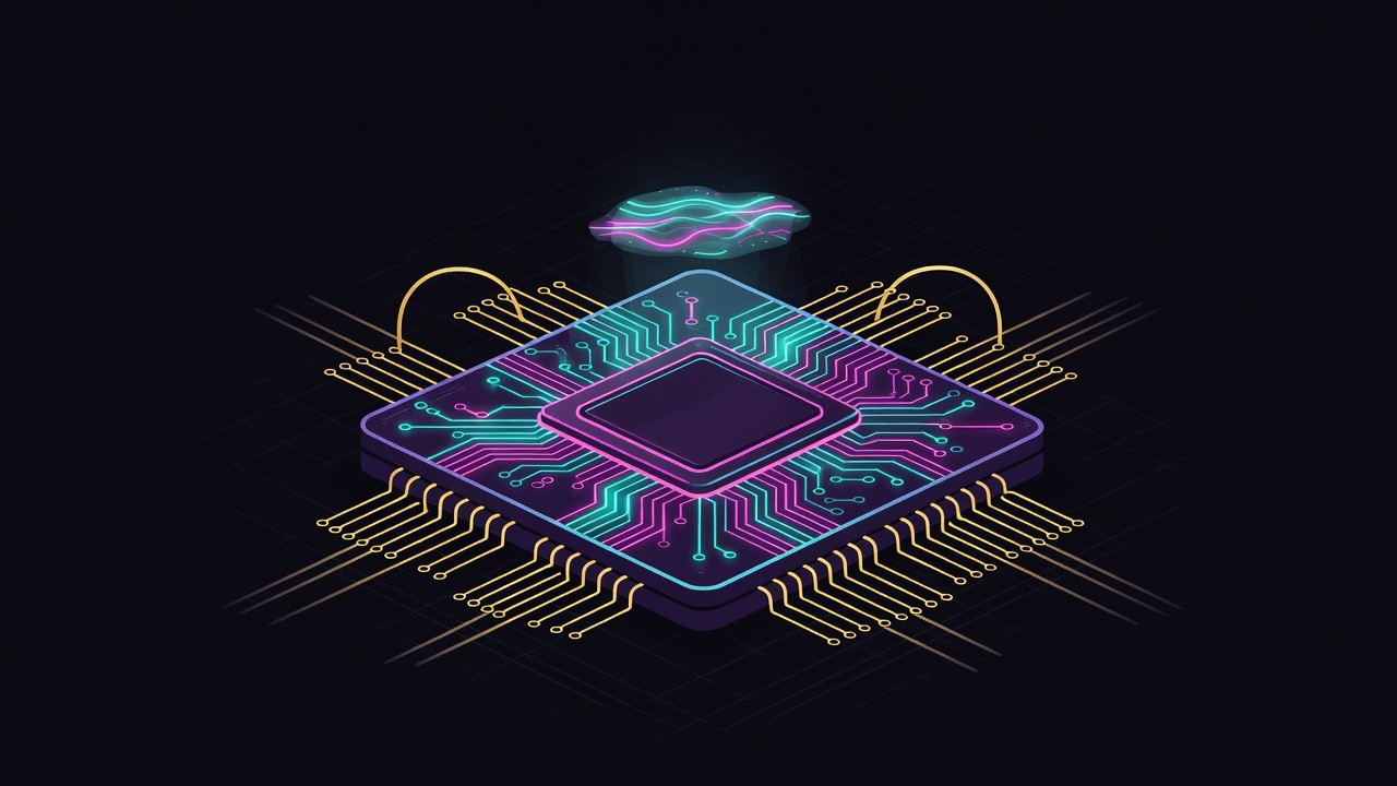 Stylized silicon chip die with glowing cyan and magenta traces
