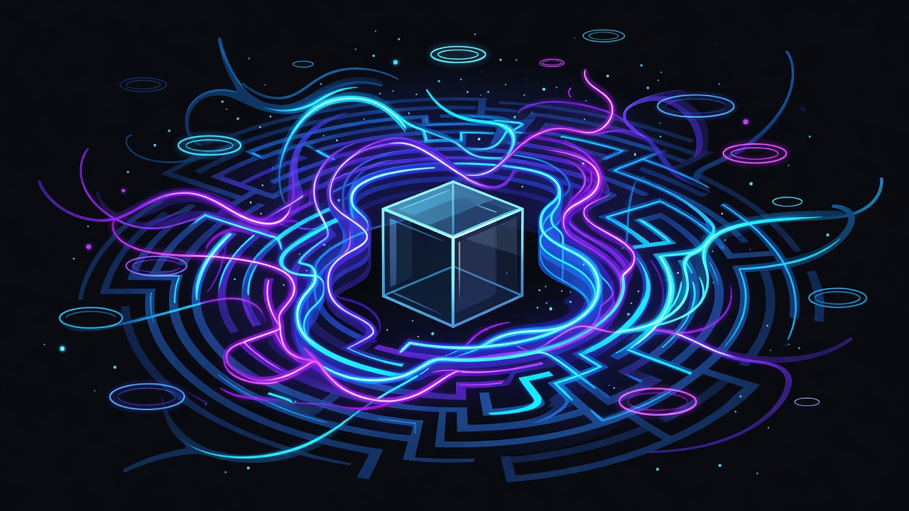 Neon maze walls mutating around a frozen glass cube in a dark control room