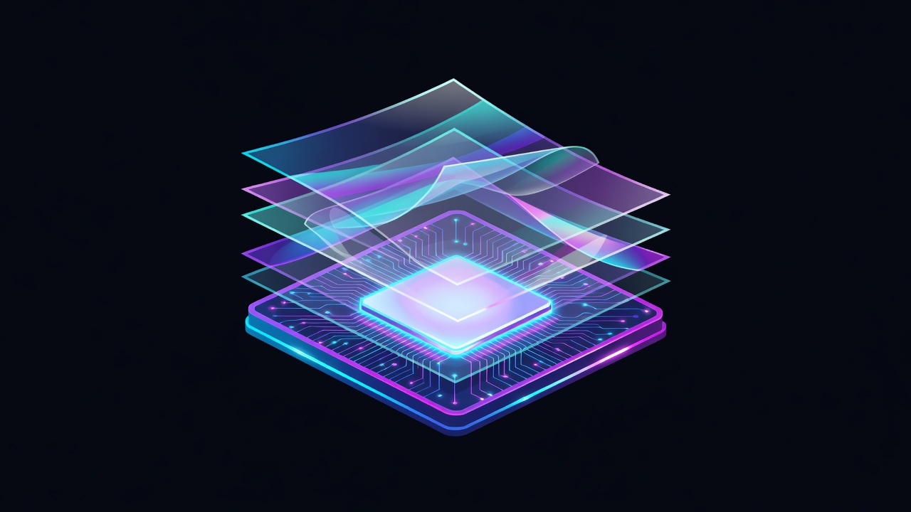 Close-up cartoon GPU die with stacked transparent holographic layers peeling off the silicon