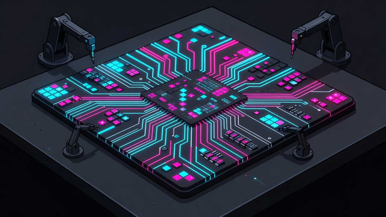 Close-up cartoon GPU die with sparse neon expert tiles and inspection arms
