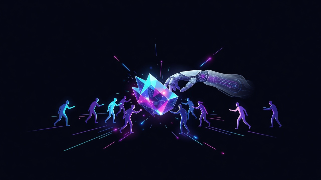 Abstract neon agents collaborating around a crystalline proof lattice and a robotic arm