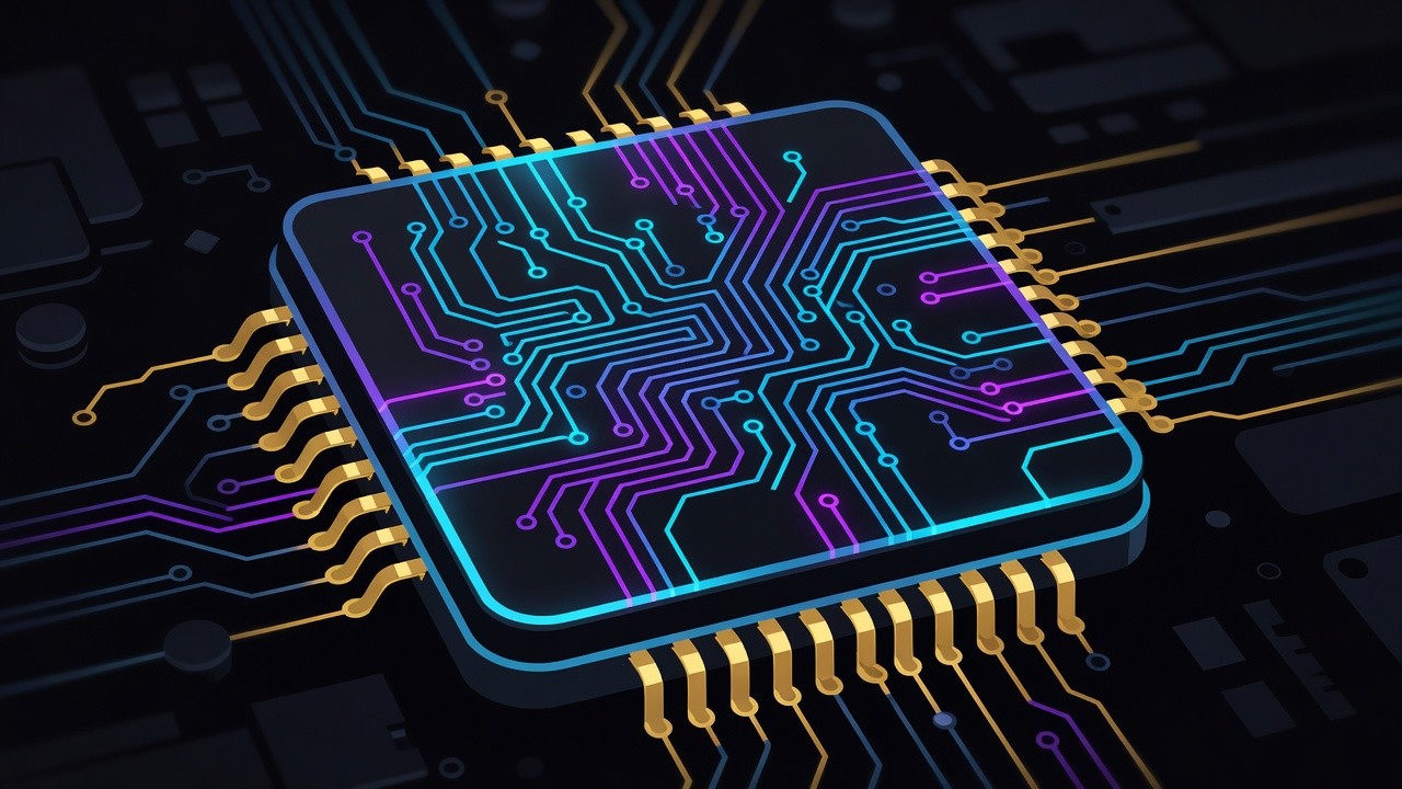 Close-up of a neon-lit chip die, the hardware underneath cheaper token prices
