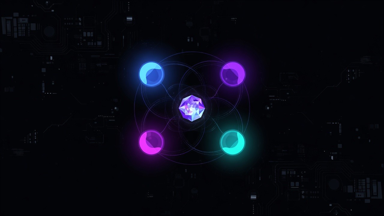 Four glowing orbs around a core, a hive-mind vote with no human in the loop