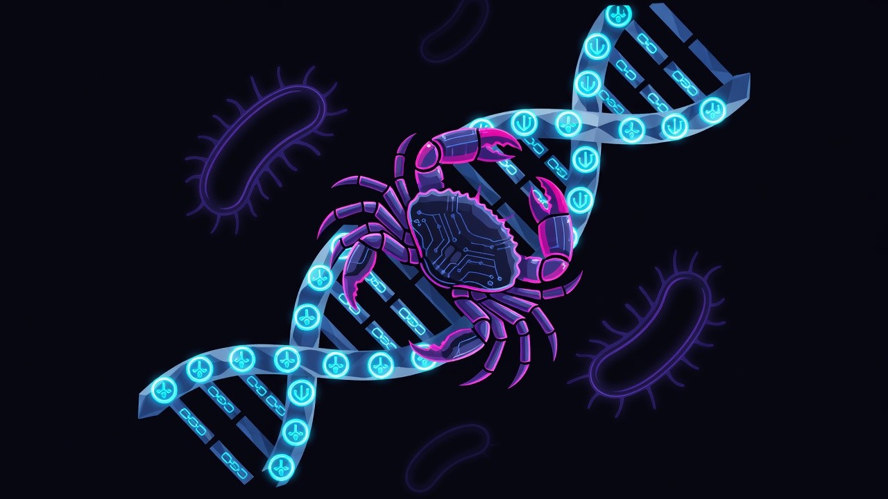Abstract CRISPR-like DNA helix with neon enzyme forms