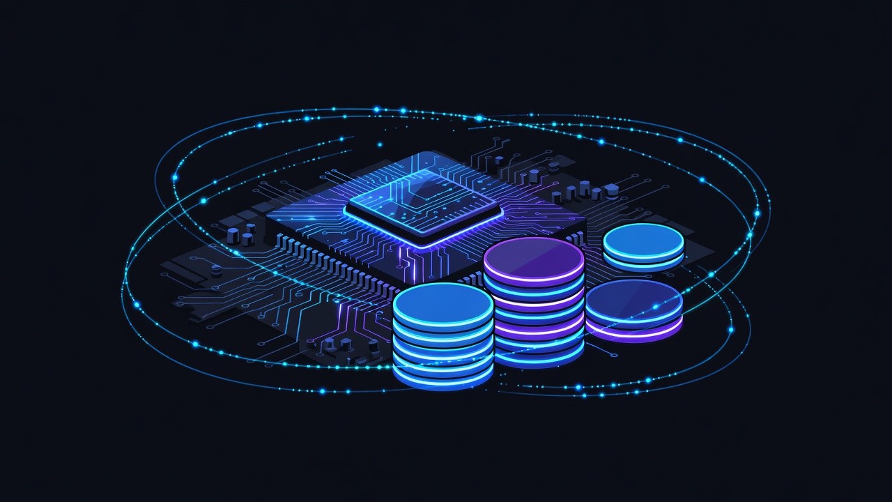 Glowing GPU die and stacked neon compute wafers