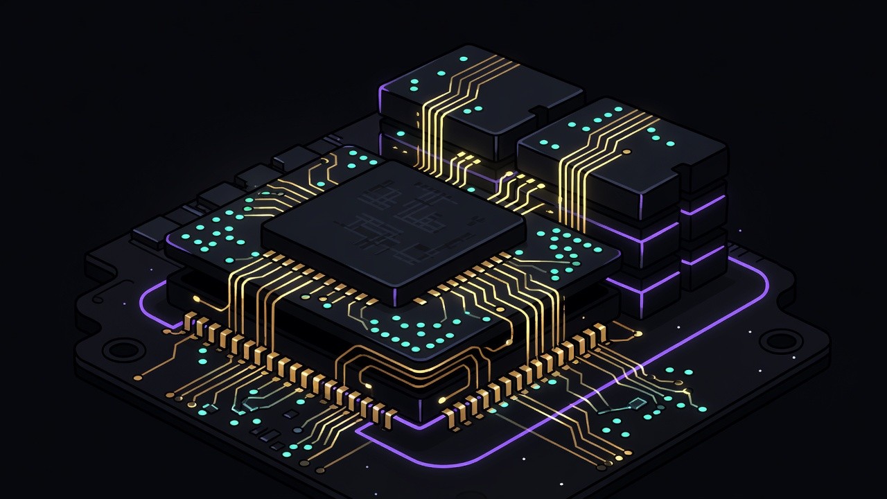 Close-up of a CPU die and stacked memory modules with neon traces