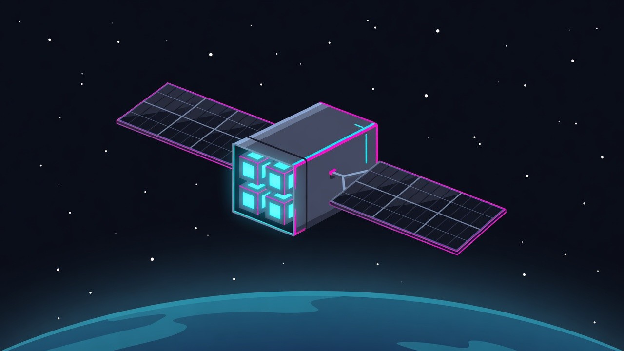 Refrigerator-sized satellite with glowing processor cubes in low Earth orbit