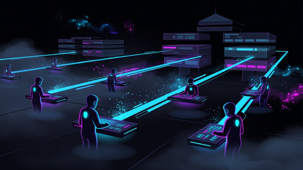 Abstract agents at neon terminals reaching toward government silhouettes
