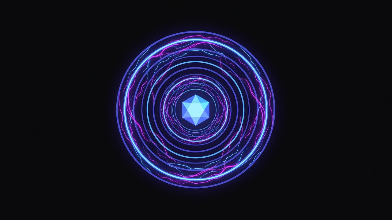 Nine nested neon toroidal loops around a hexagonal crystal core