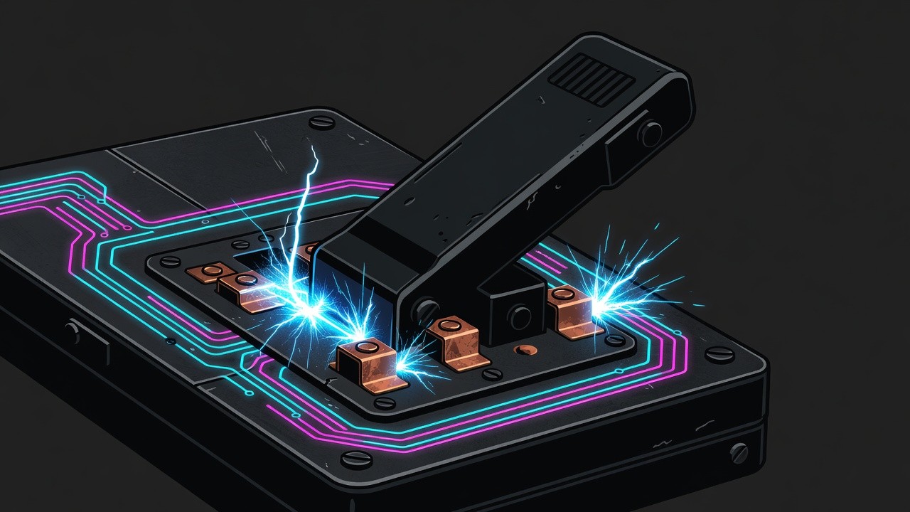 Close-up of a stylized neon circuit-breaker kill switch on a dark panel