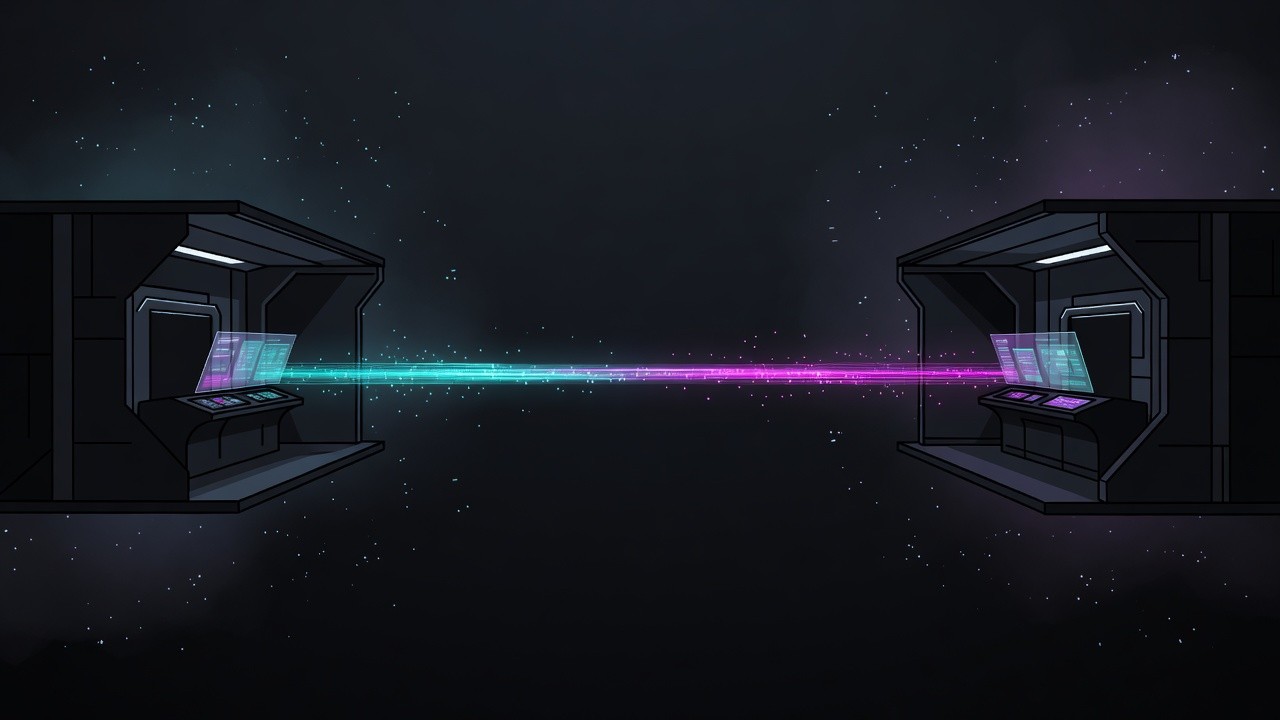 Two dark control rooms linked by a single glowing data channel
