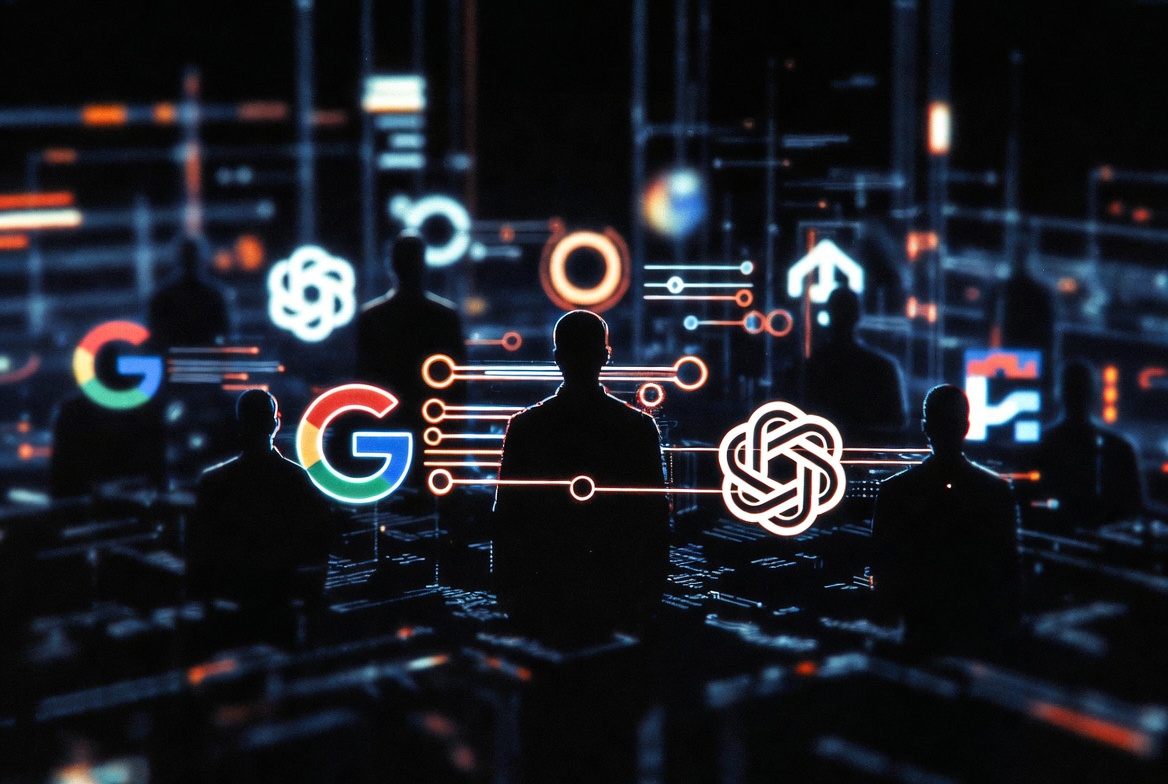 Stylized big AI companies in dark theme