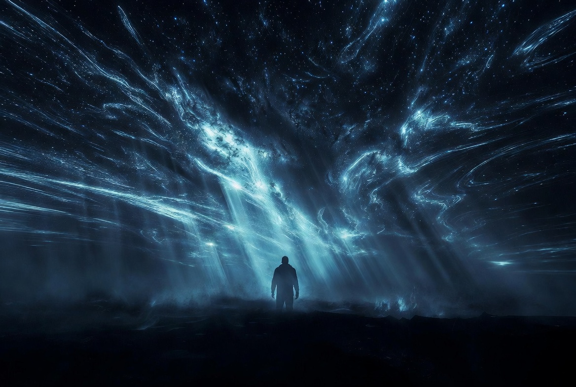 Lone explorer silhouette facing epic AI data horizon in deep space