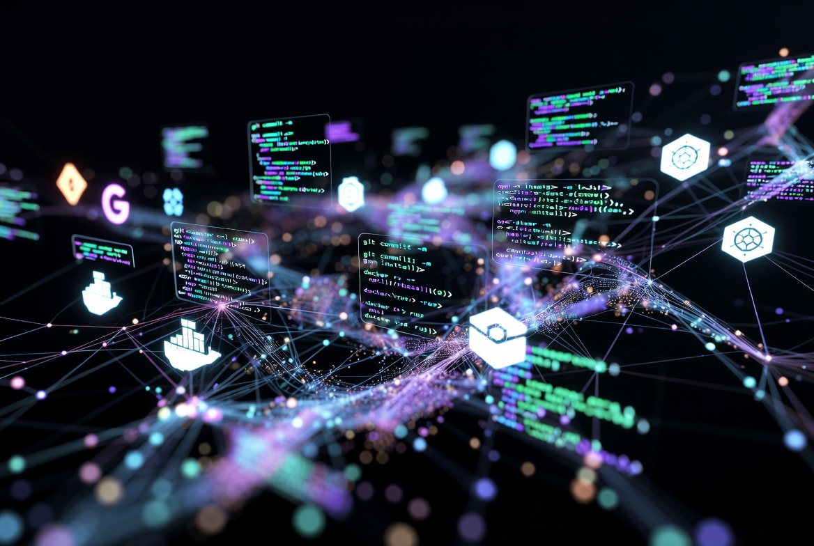 Holographic code snippets and tool icons merging in a decentralized glowing network