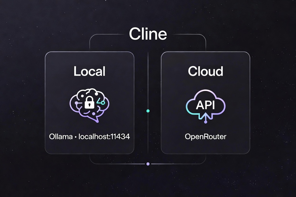 Split cartoon illustration comparing local privacy-focused Ollama LLM setup on a desktop with Cline connected via localhost versus cloud OpenRouter API key connection, both enabling successful Cline workflows