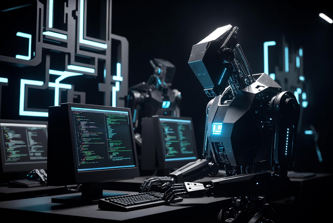 Futuristic AI coding agents at work