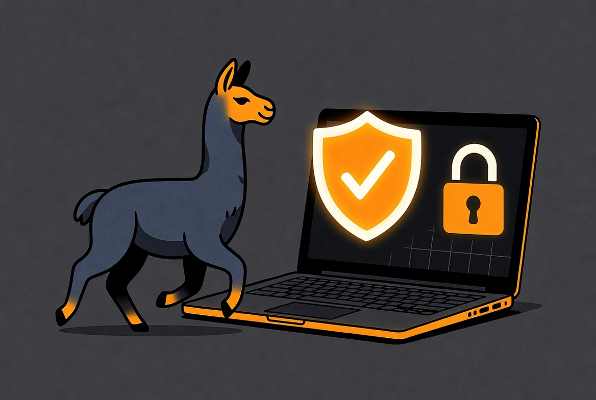 Stylized llama representing private local AI running on a laptop with privacy shield
