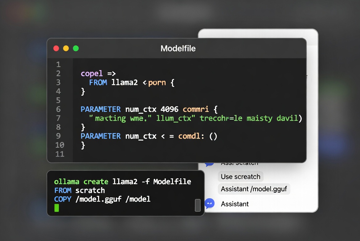 Modelfile editor example for customizing a Llama model in Ollama