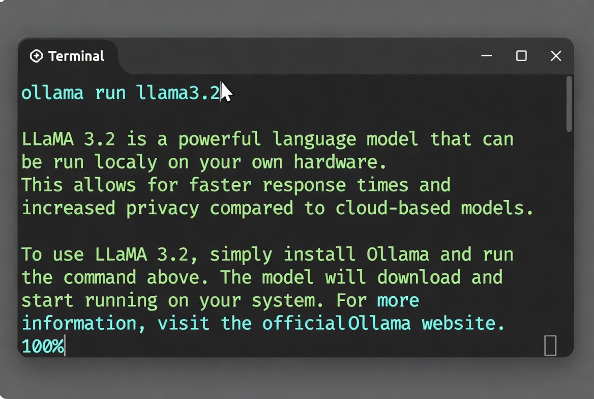 Terminal window running ollama run llama3.2 with example output