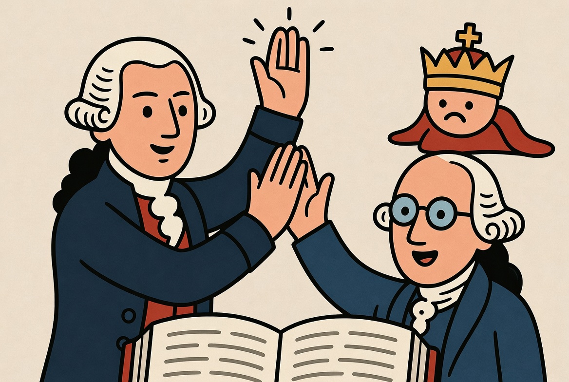 George Washington and Benjamin Franklin high-fiving in victory over the British crown