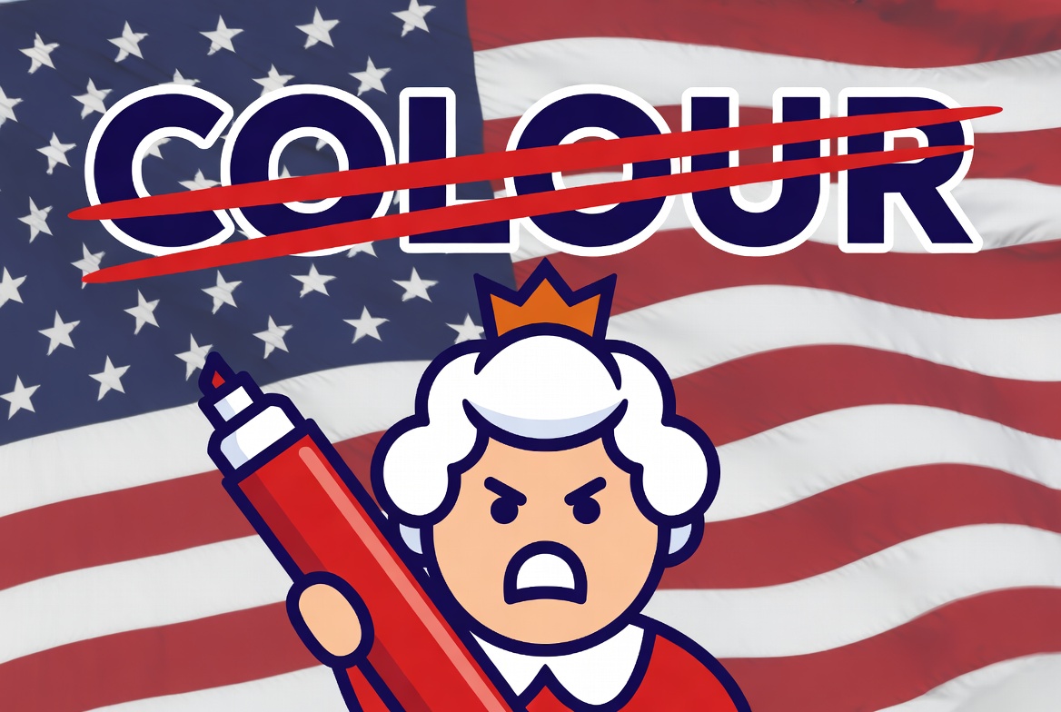 Angry British queen crossing out the extra U in COLOUR