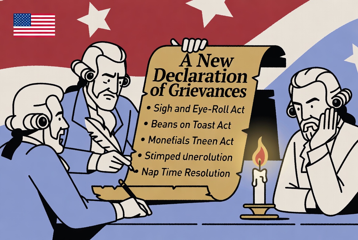 Founding Fathers signing a New Declaration of Grievances with humorous acts like Sigh and Eye-Roll Act and Beans on Toast Act