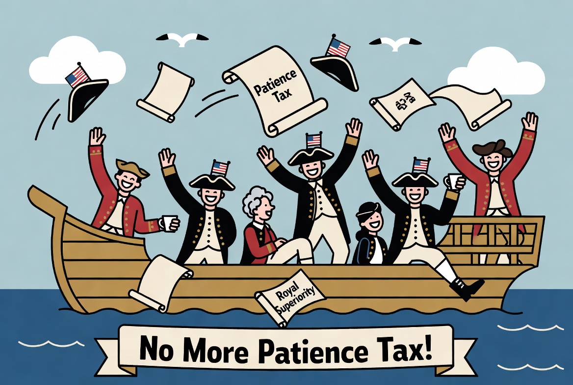Joyful American revolutionaries at a Boston Patience Party on a ship, throwing Patience Tax scrolls and celebrating 'No More Patience Tax!'