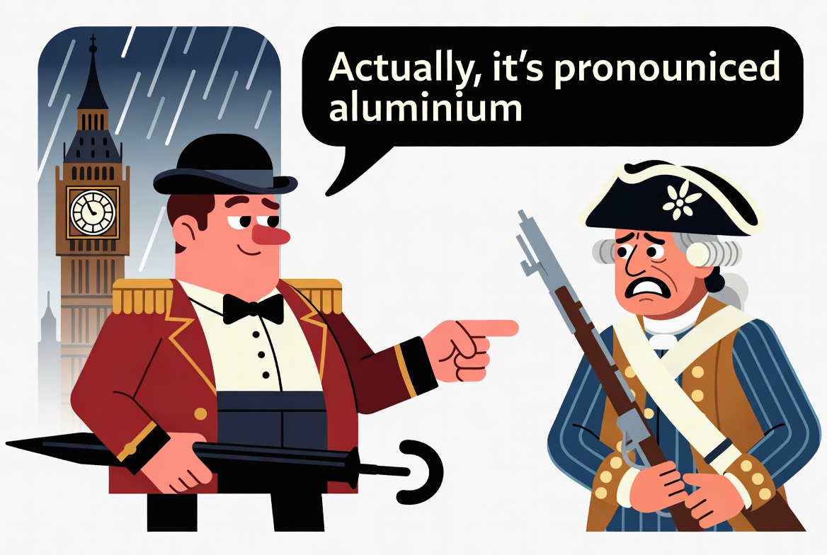 Smug British man in bowler hat pointing at annoyed American colonist saying 'Actually, it’s pronounced aluminium'