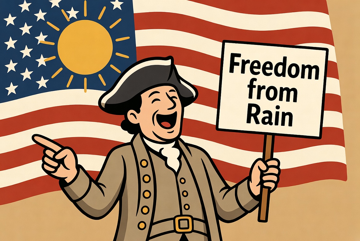 Confident American revolutionary laughing with 'Freedom from Rain' sign under bright sunshine