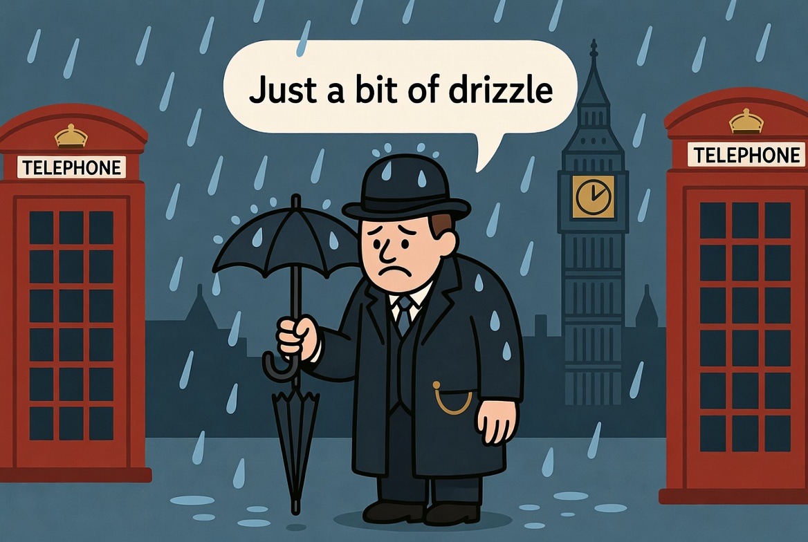 British gentleman in heavy rain insisting 'Just a bit of drizzle' with a stiff upper lip