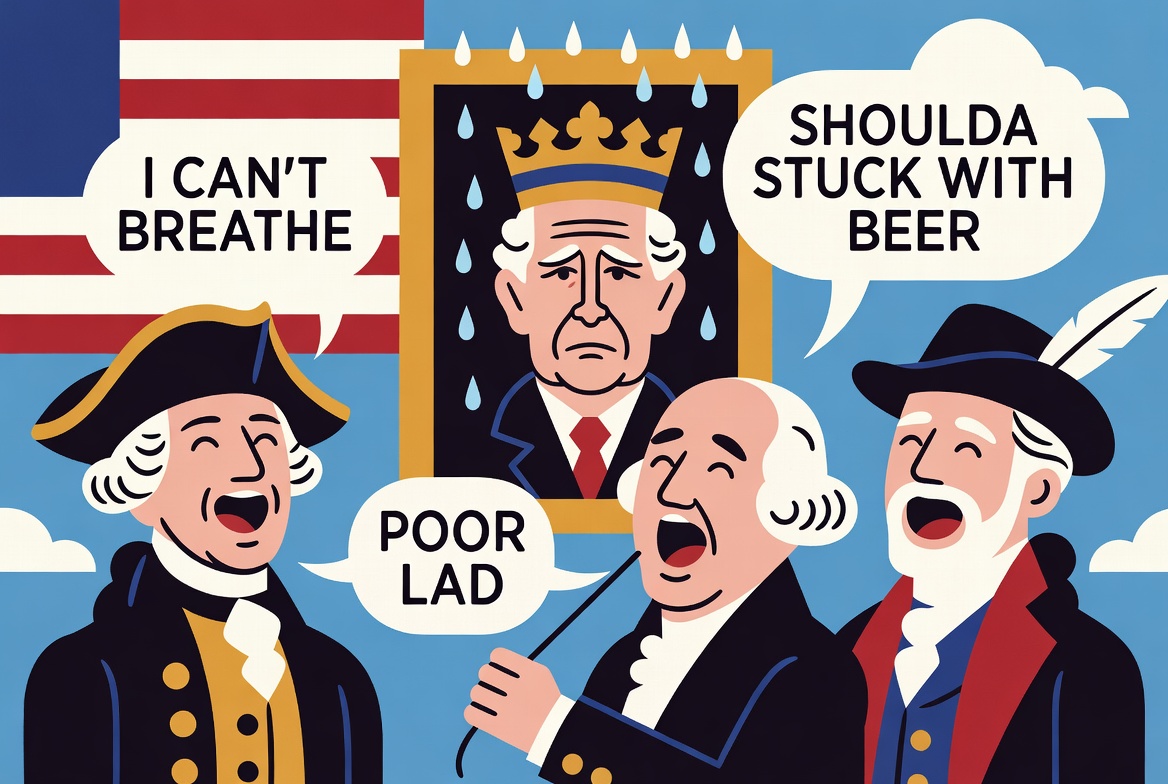 Founding Fathers laughing hysterically at a portrait of sad King Charles in the rain